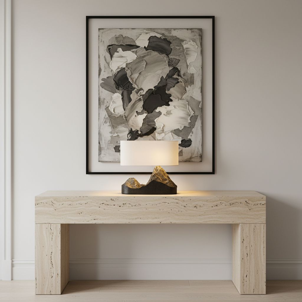 Modern Asian minimalist mountain sculpture table lamp on entryway console table