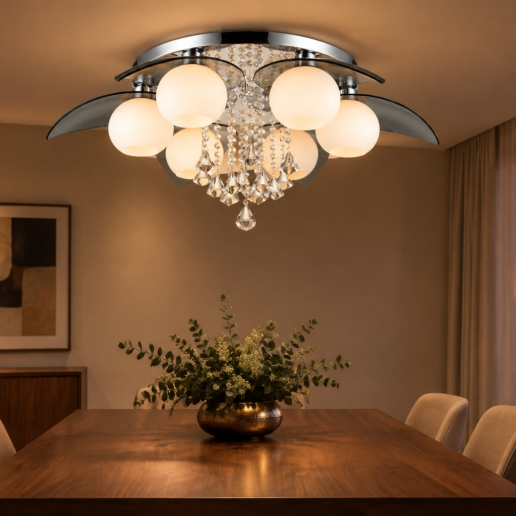 Scene image of a restaurant with a gray glass chandelier