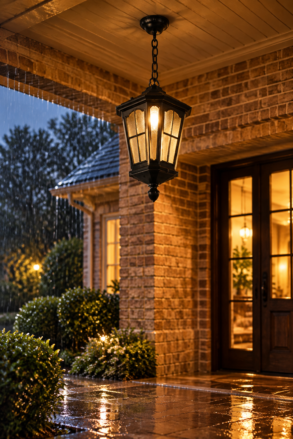 outdoor pendant light in rainy night