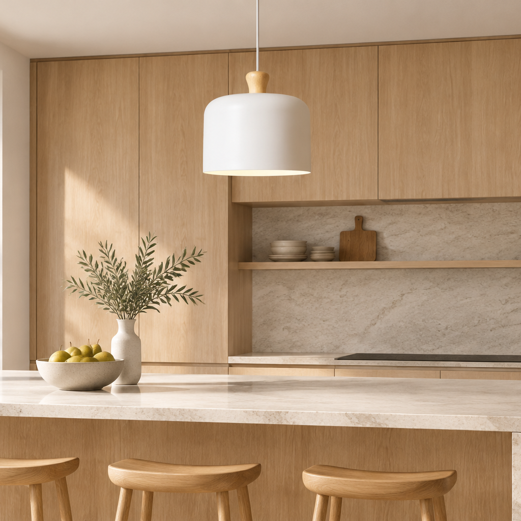 Scene image of Nordic wooden aluminum pendant light on kitchen island