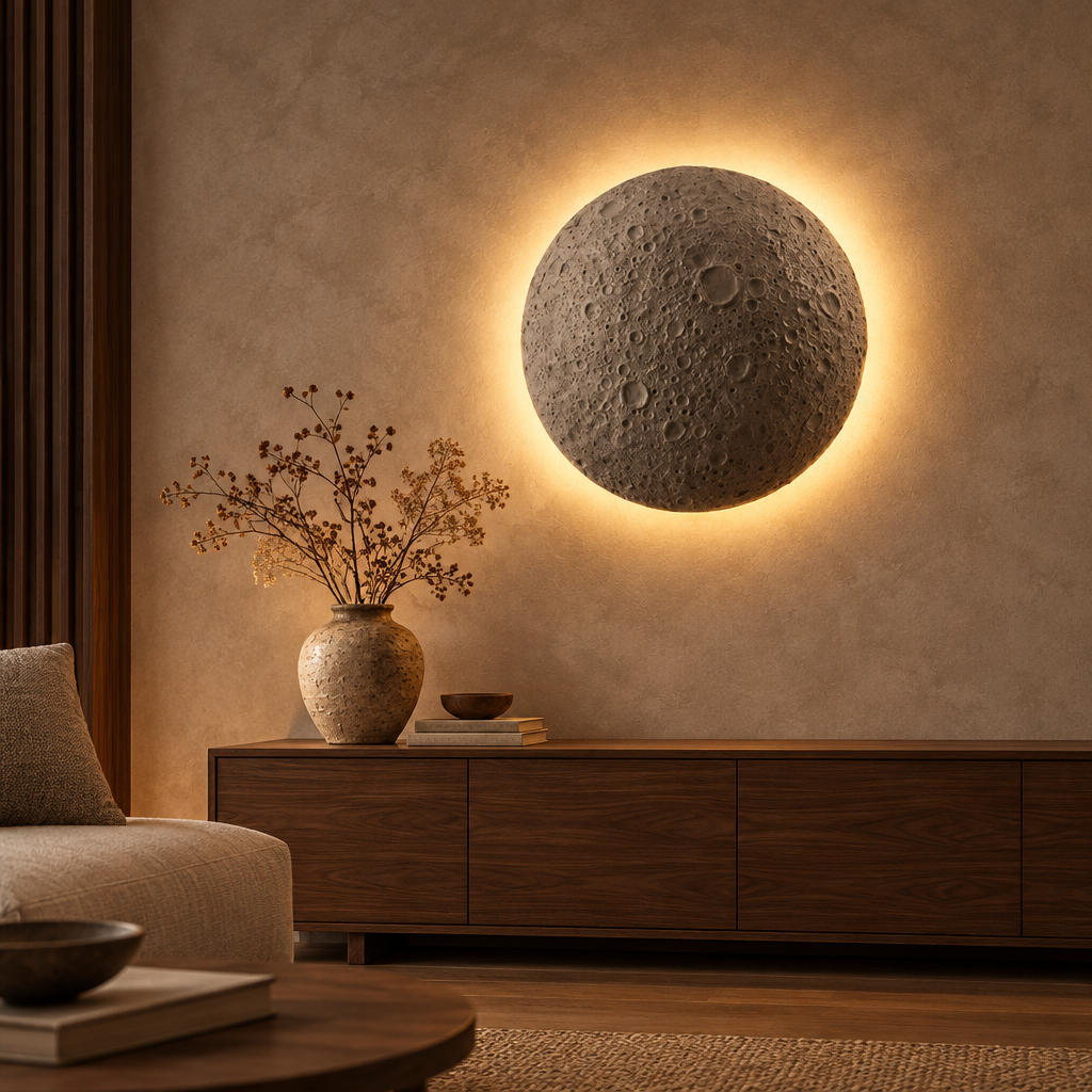 Imitation Lunar Cement Wall Lamp in the Minimalist Living Room Background Wall Scene