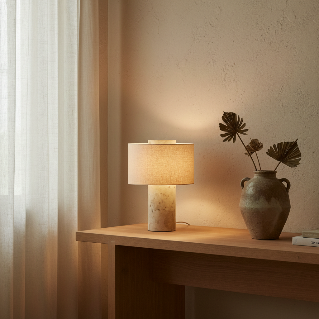 Beige travertine cylinder column table lamp with linen drum shade in Japandi living room