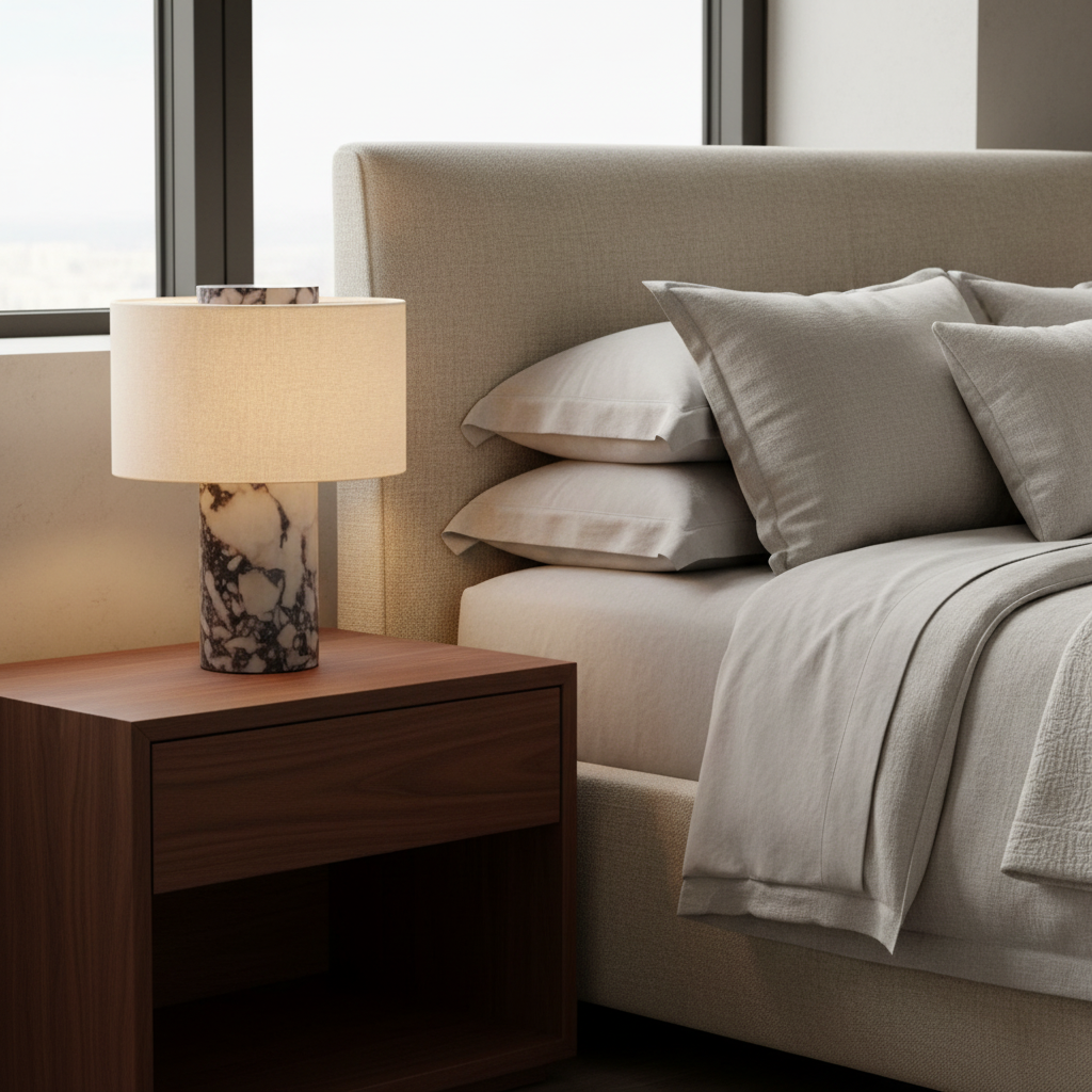Luxury black and white marble bedside table lamp with fabric shade in master bedroom