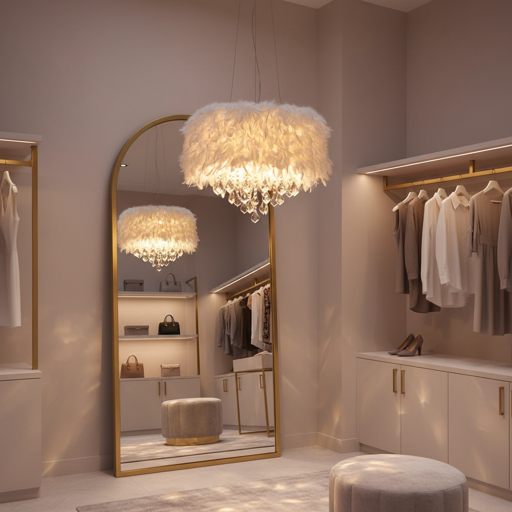Modern glam crystal feather hanging pendant light in a chic walk-in dressing room with brass accents