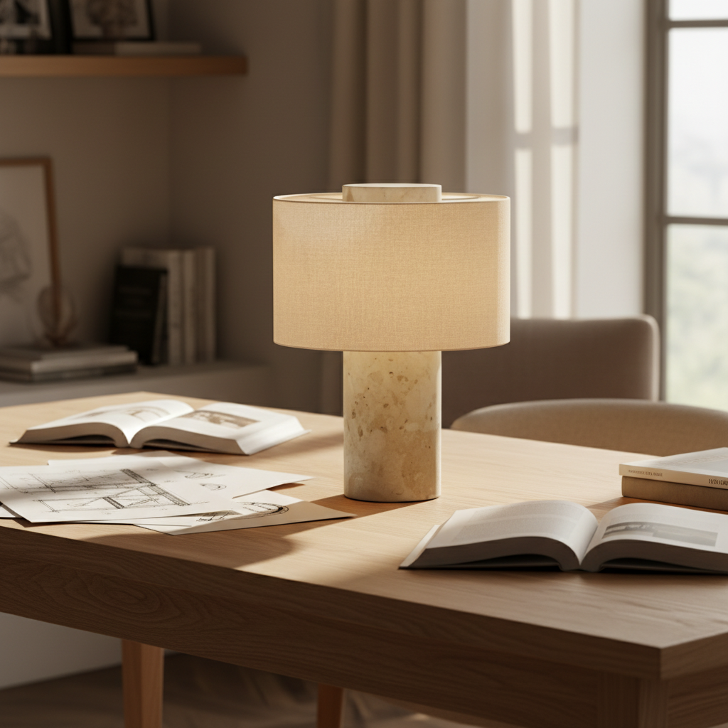 Minimalist natural stone desk lamp with drum shade on wooden home office desk
