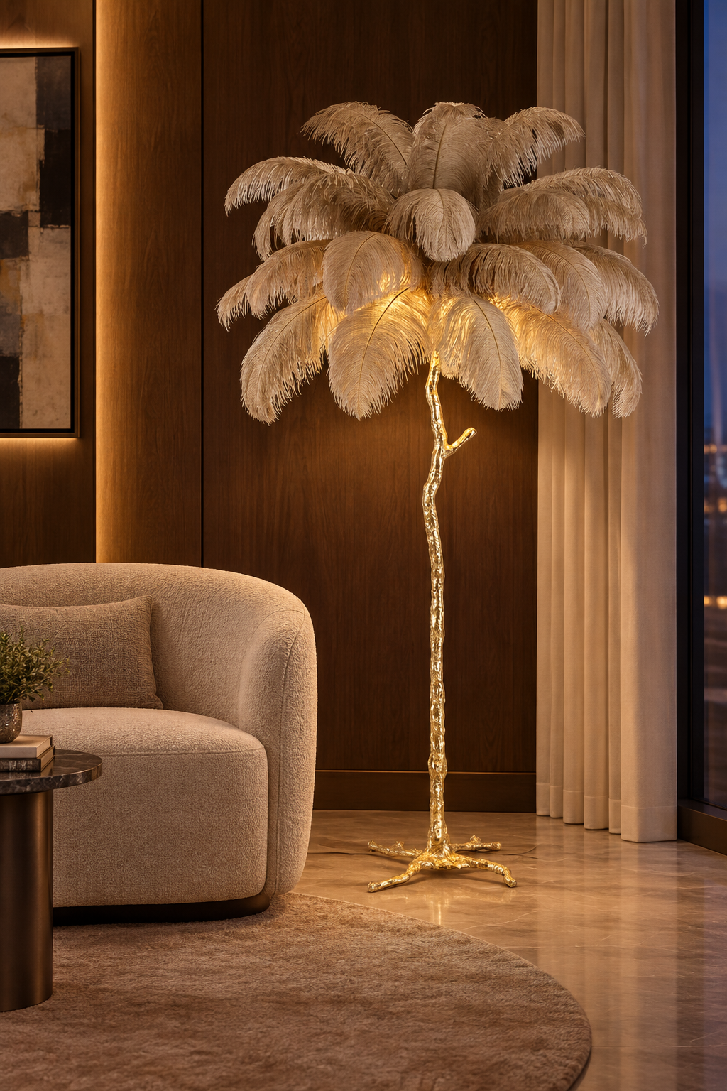 Coconut tree shaped feather floor lamp in resting area scene