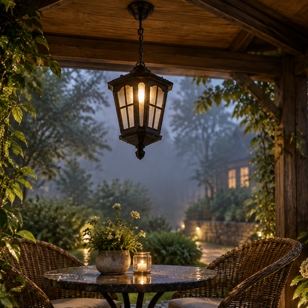 outdoor chandeliers in a courtyard pavilion
