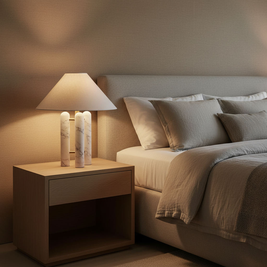 Sculptural white marble bedside table lamp with empire fabric shade in luxury bedroom