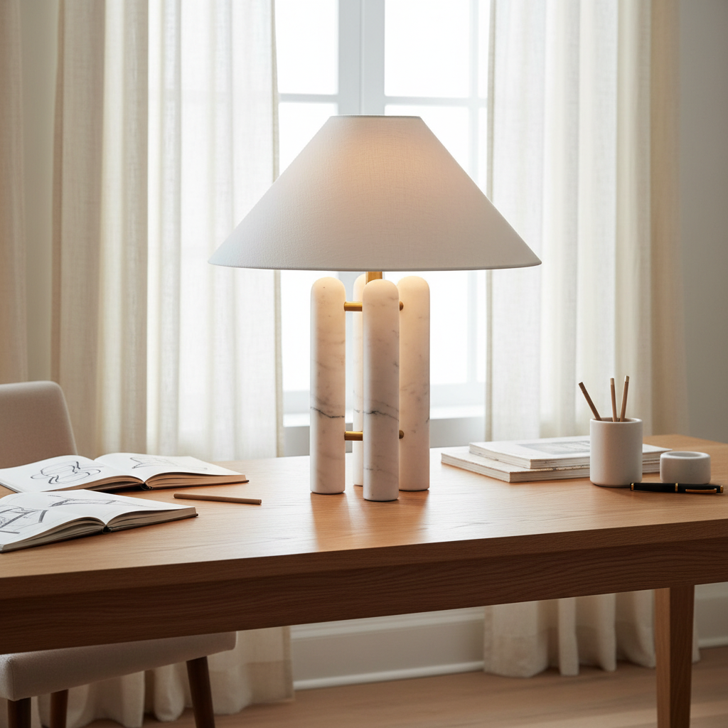 Modern marble desk lamp with conical fabric shade on wooden home office desk