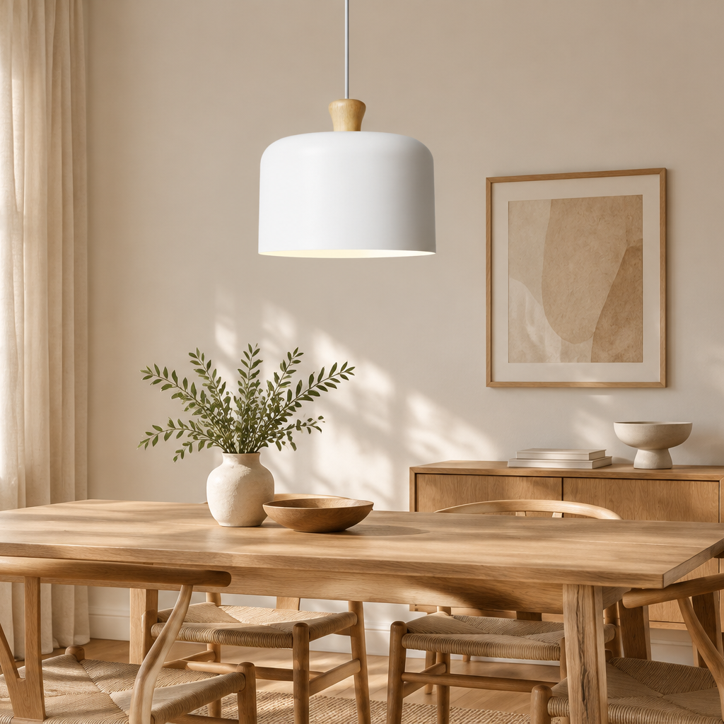 White Nordic wooden aluminum pendant light in dining room scene