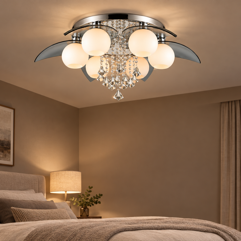 Scene image of a bedroom with a gray glass chandelier