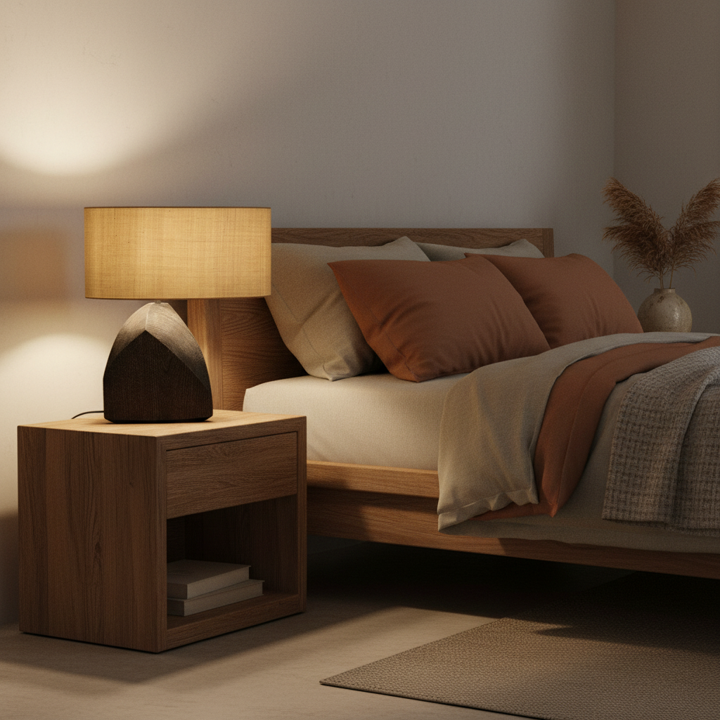 Organic modern chiseled rock bedside lamp with amber woven shade in bedroom