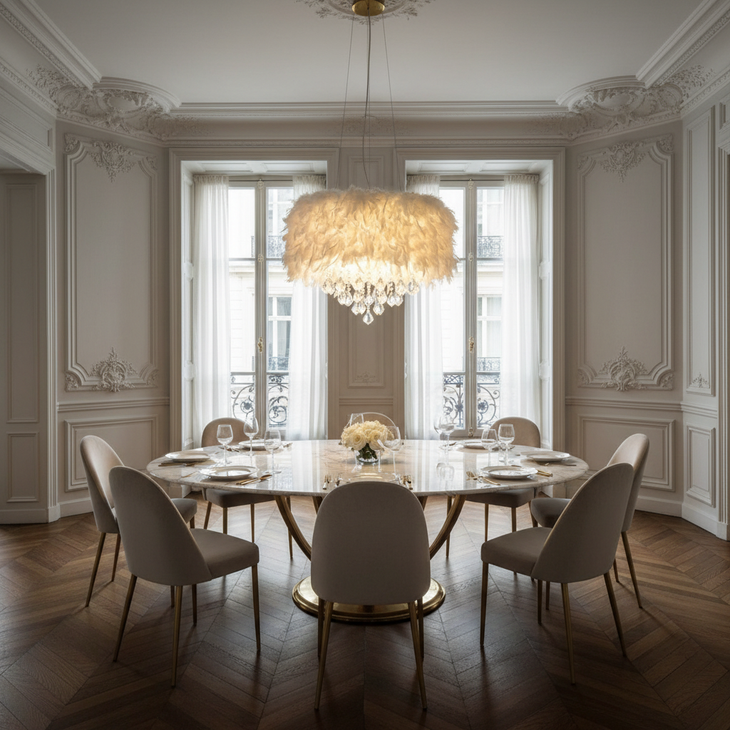 Luxury white crystal feather chandelier illuminating an elegant French dining room with marble table