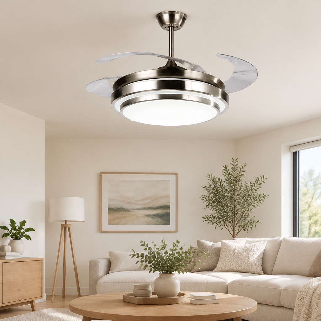 Modern minimalist hidden-blade fan light in a Nordic style living room scene