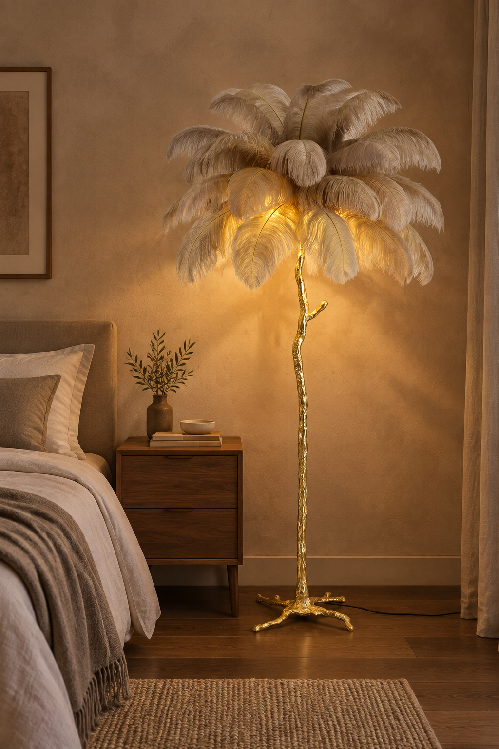 Coconut tree shaped feather floor lamp in bedroom scene