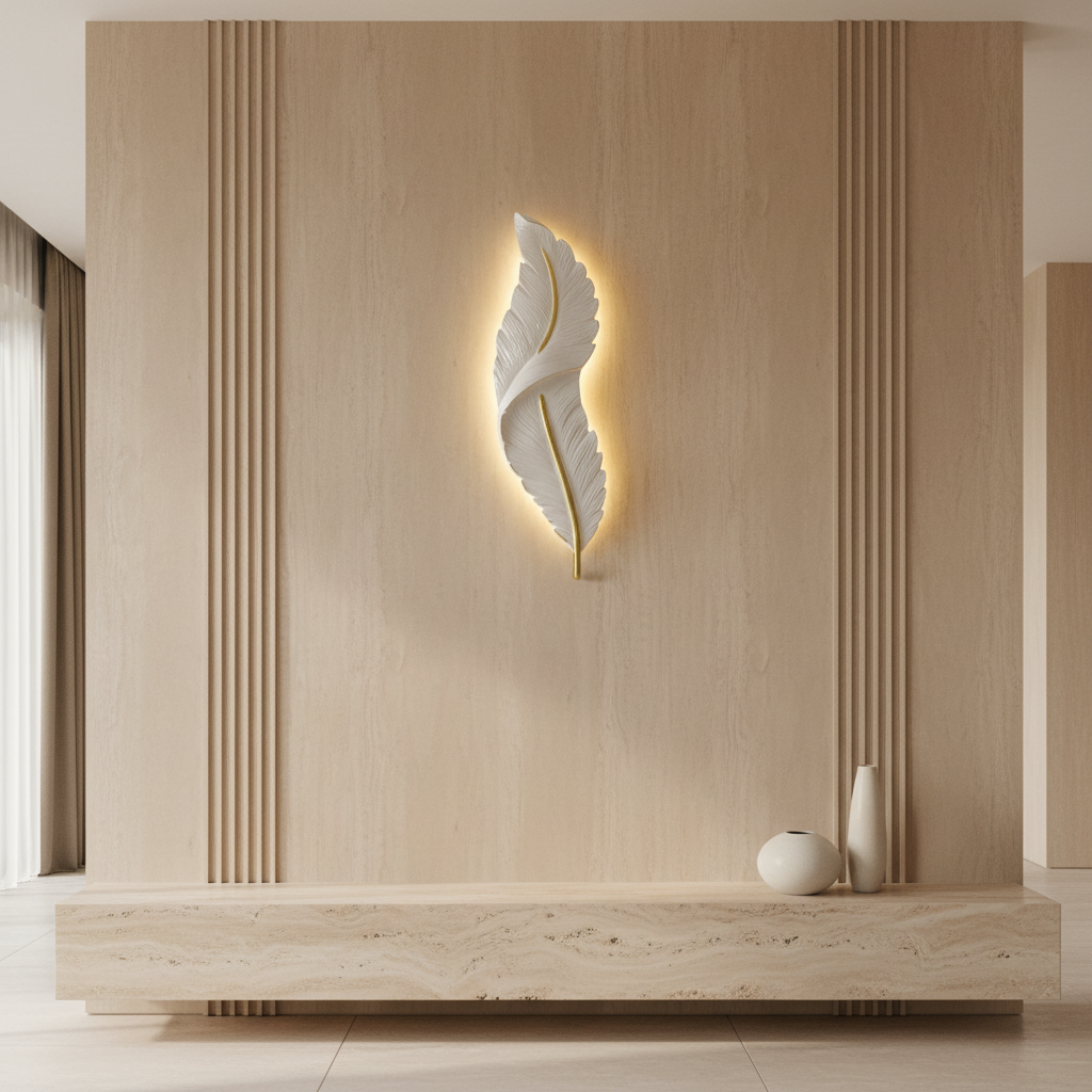 White feather shaped sculptural wall light illuminating a minimalist living room accent wall above travertine console