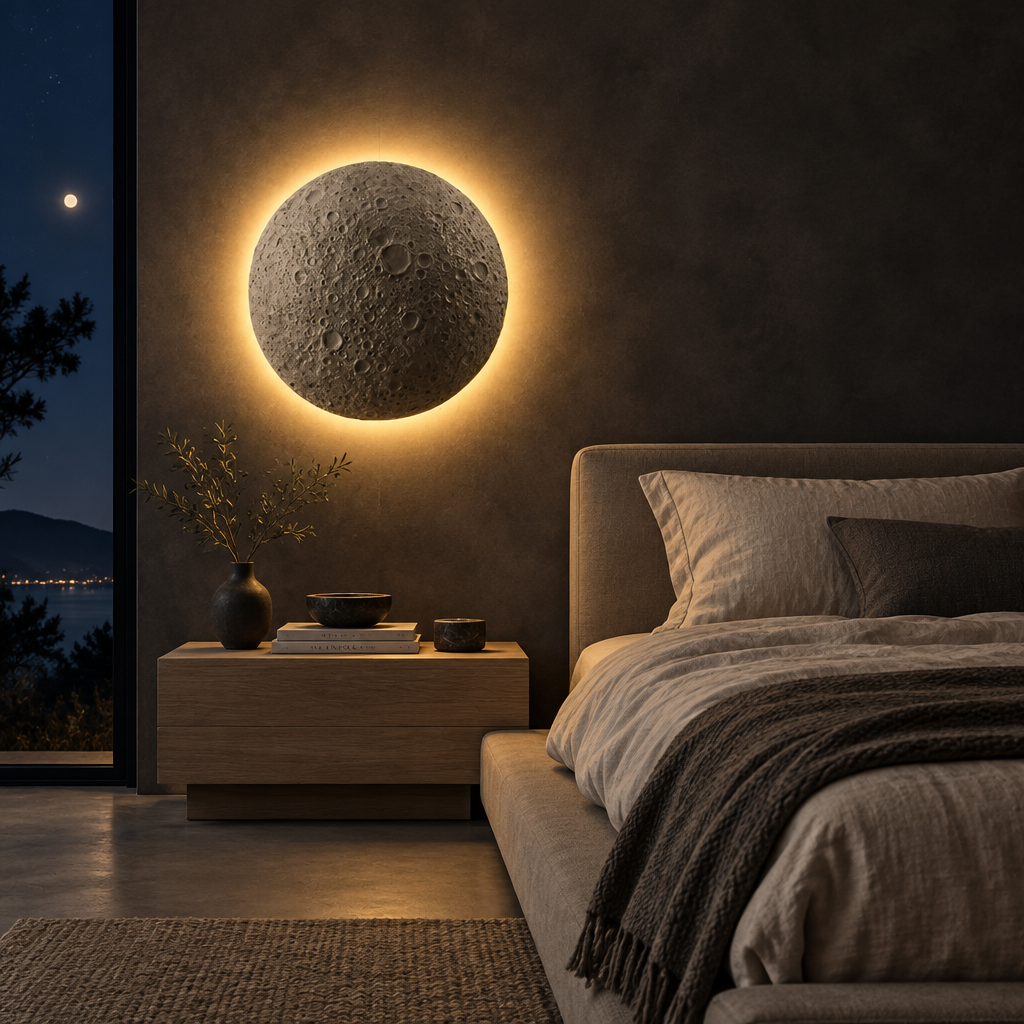 Cement Moon Wall Lamp in the night atmosphere scene of the master bedroom bedside