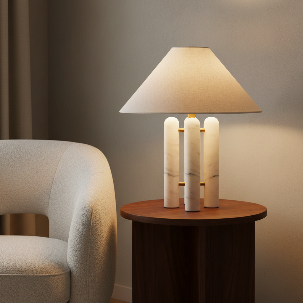 Nordic minimalist white marble table lamp on walnut side table in Japandi living room