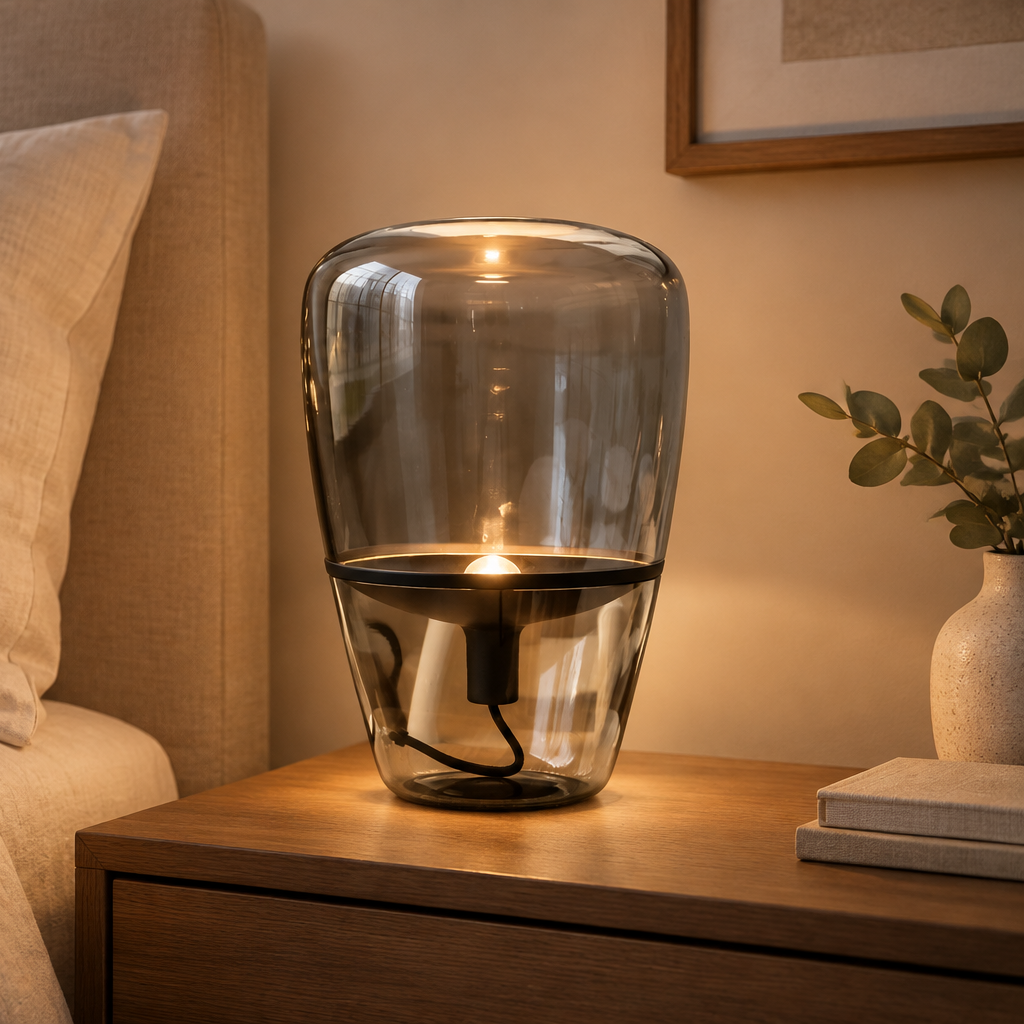 Scene image of a glass table lamp placed on the bedside