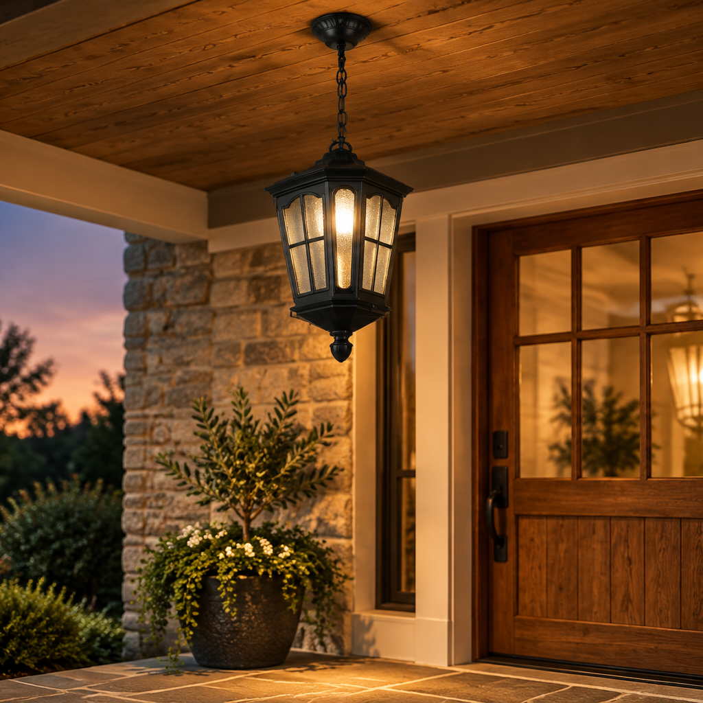 Scene image of an outdoor chandelier on a porch at dusk