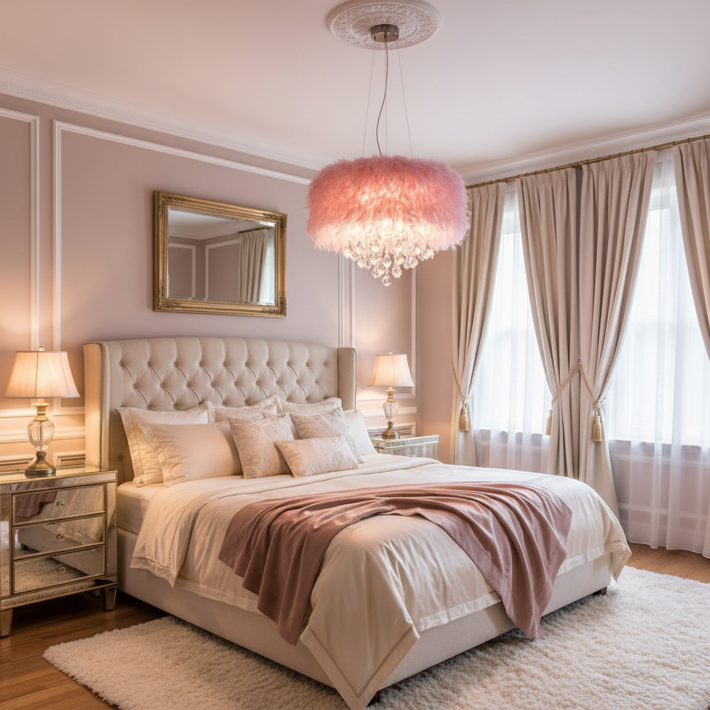 Blush pink crystal feather chandelier creating romantic ambient lighting in a French luxury master bedroom
