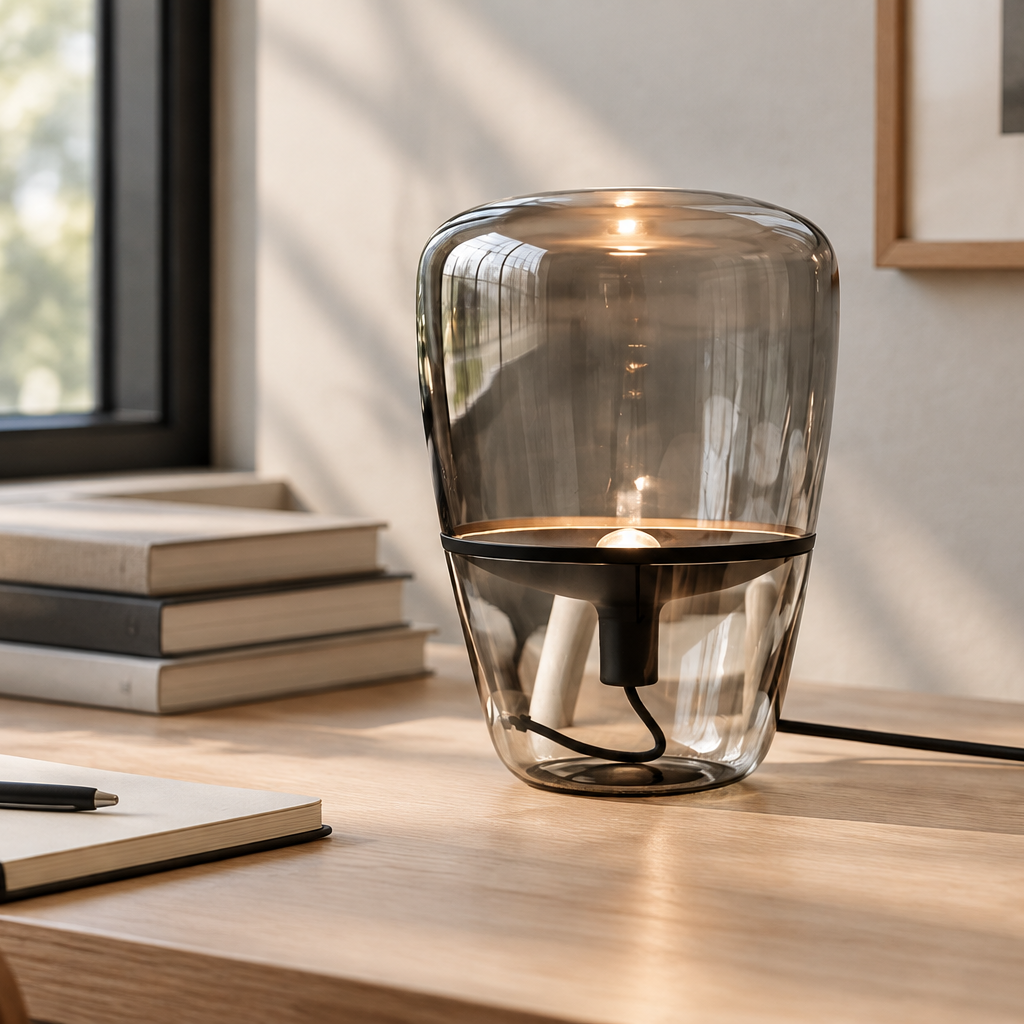 Scene image of a desk with a glass table lamp