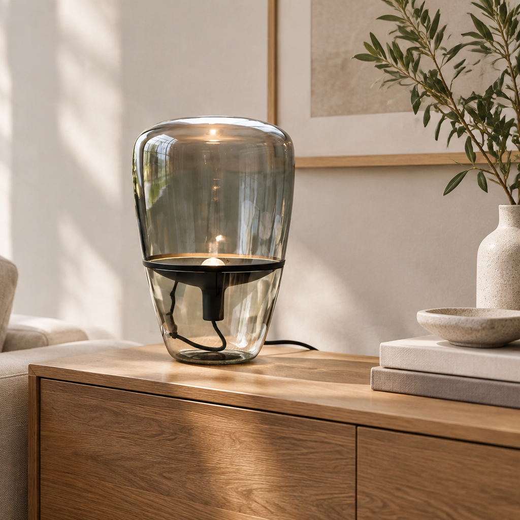 Scene image of glass table lamp in living room