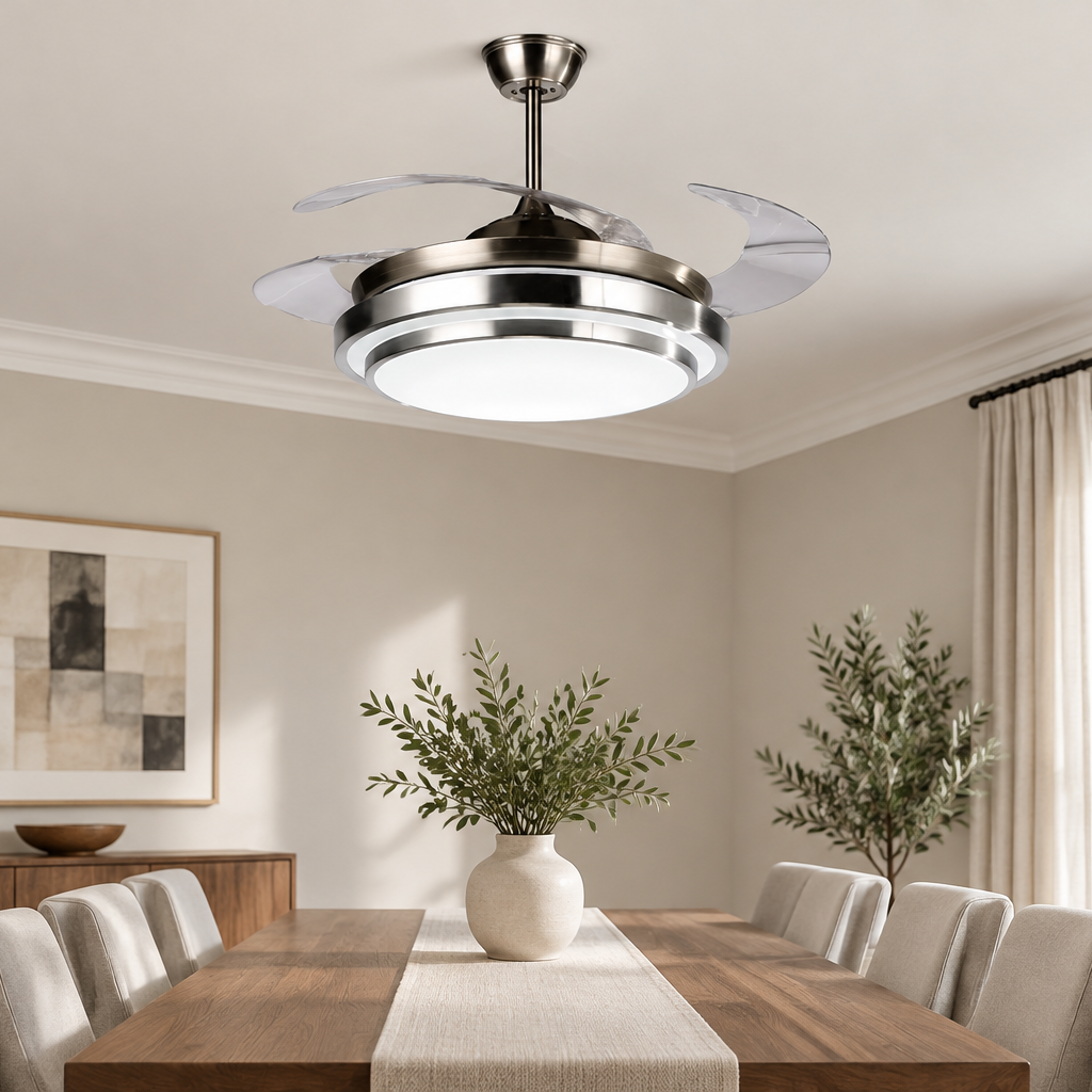 Modern minimalist hidden-blade fan light in a Nordic-style restaurant scene