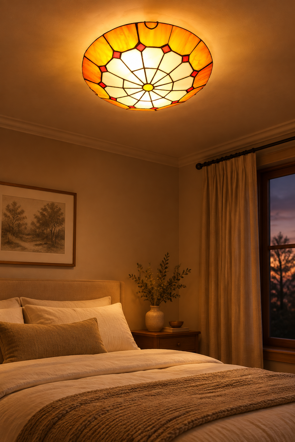 Stained glass ceiling lamp bedroom scene image