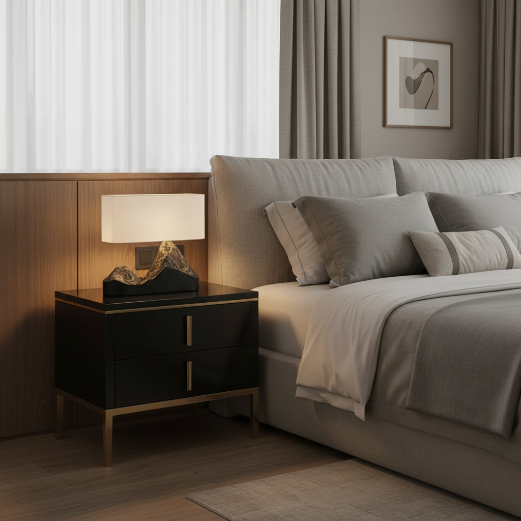 Sculptural mountain ridge bedside desk lamp with fabric shade in luxury master bedroom