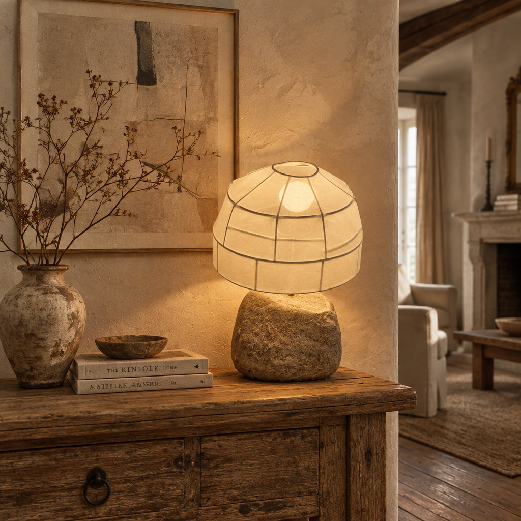 A stone-shaped ceramic table lamp is placed on a side table in a French vintage living room