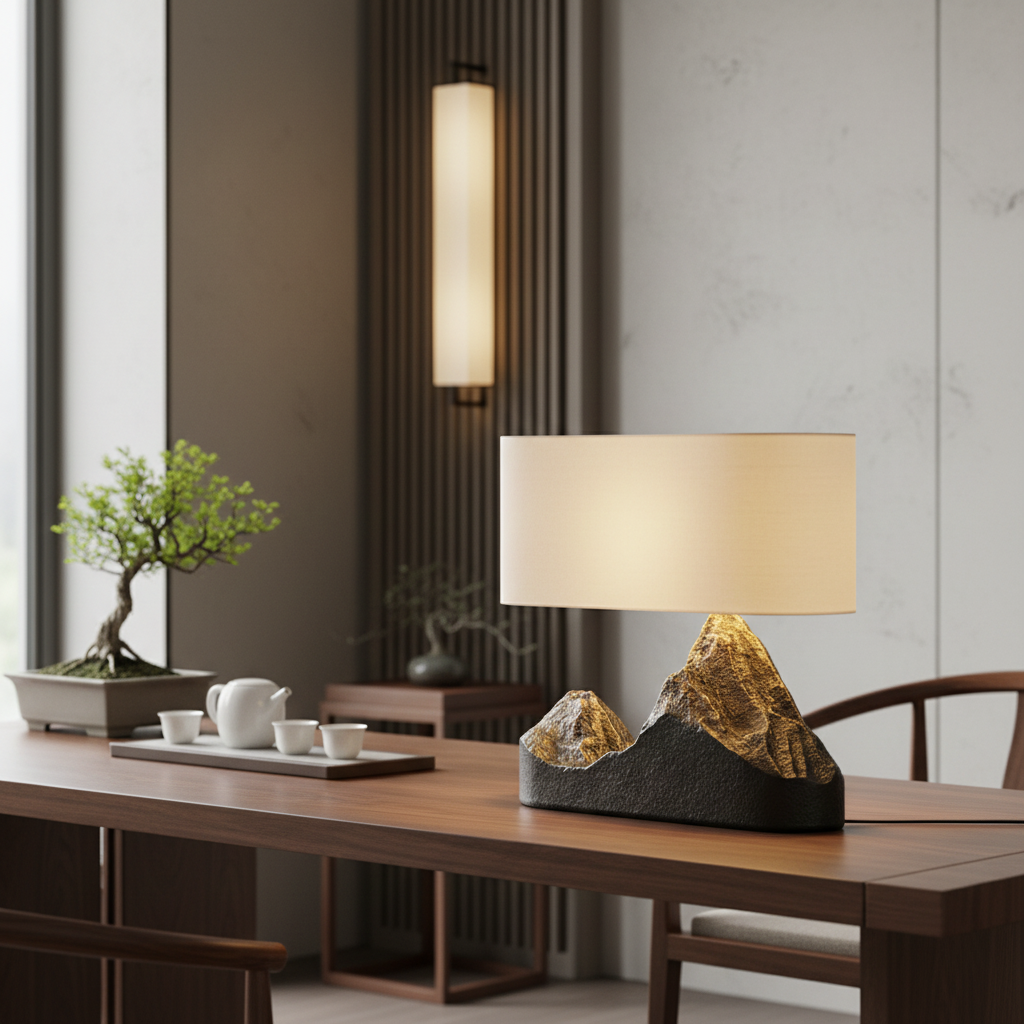 Zen Chinese landscape mountain table lamp with rectangular shade in modern tea room