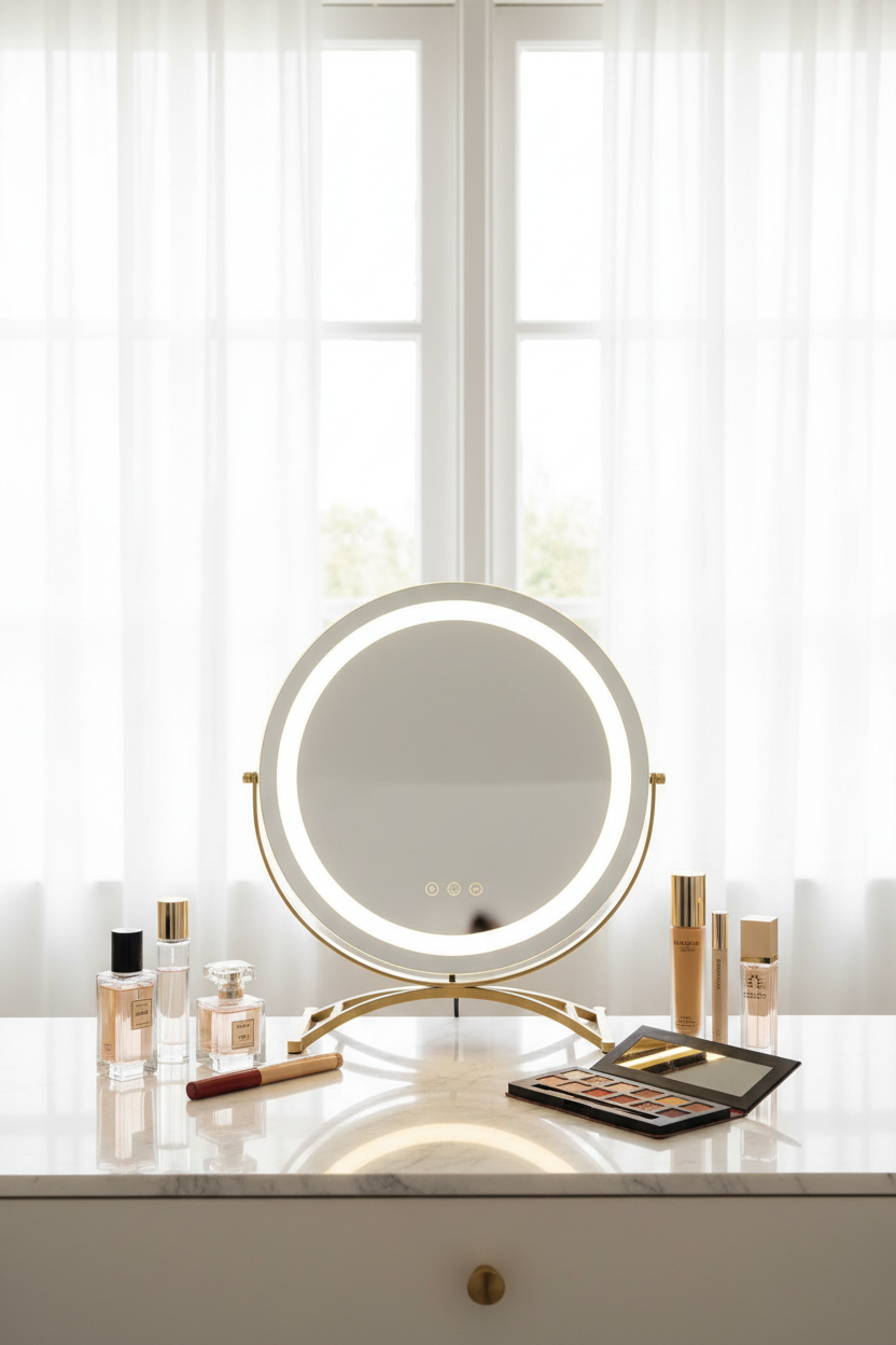 Gold LED Vanity Makeup Mirror on Sunlit Marble Dressing Table