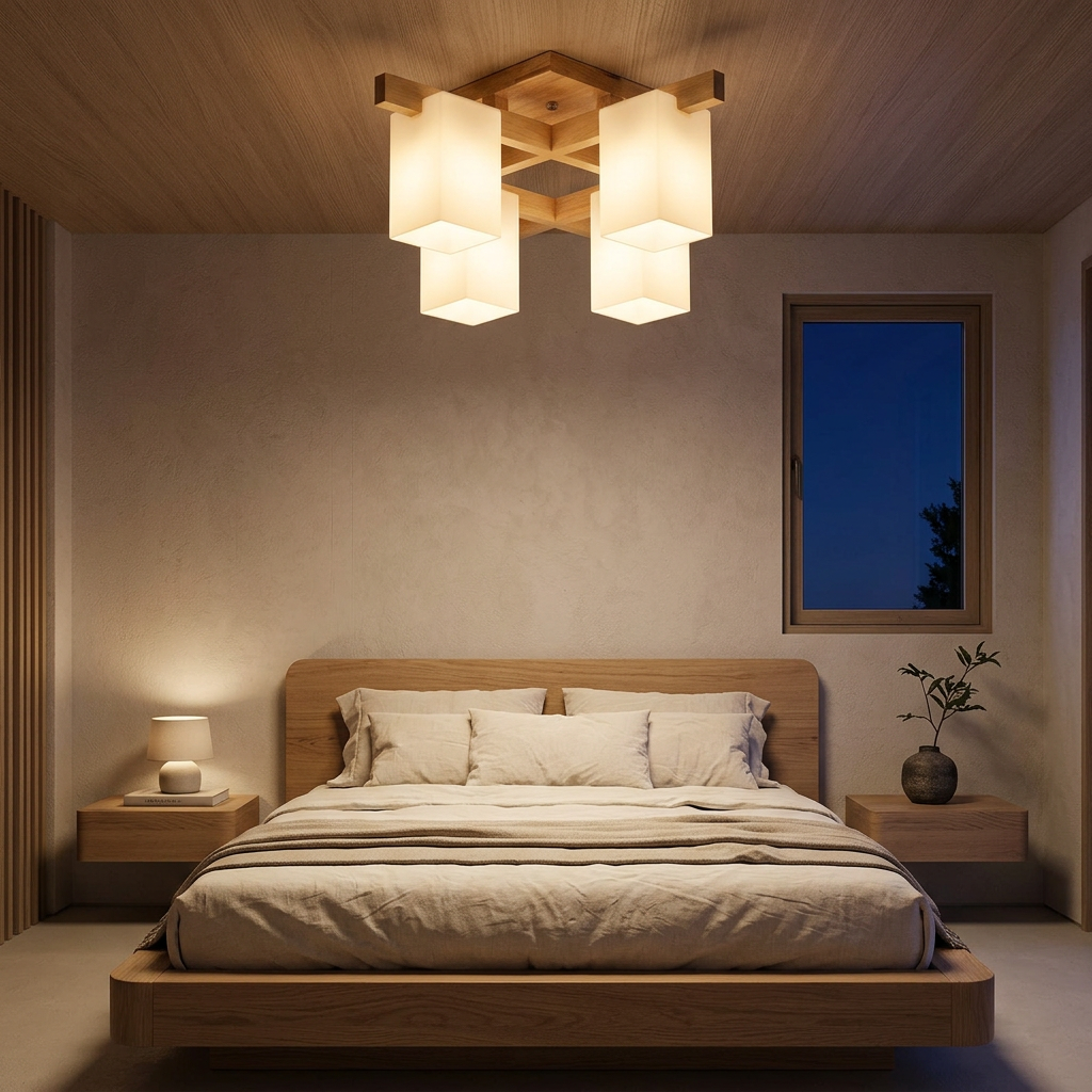 Nordic Geometric Wood Ceiling Lamp 4-light fixture in minimalist Japandi bedroom