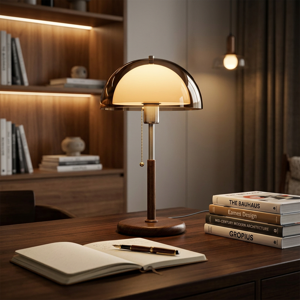 Mid-Century Modern Mushroom Table Lamp on wooden study desk with books
