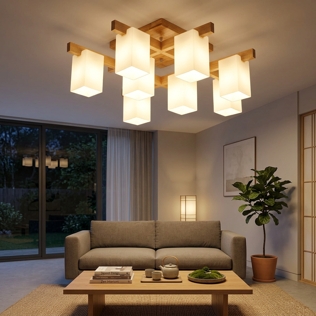 Nordic Geometric Wood Ceiling Lamp 8-light fixture in Scandinavian living room