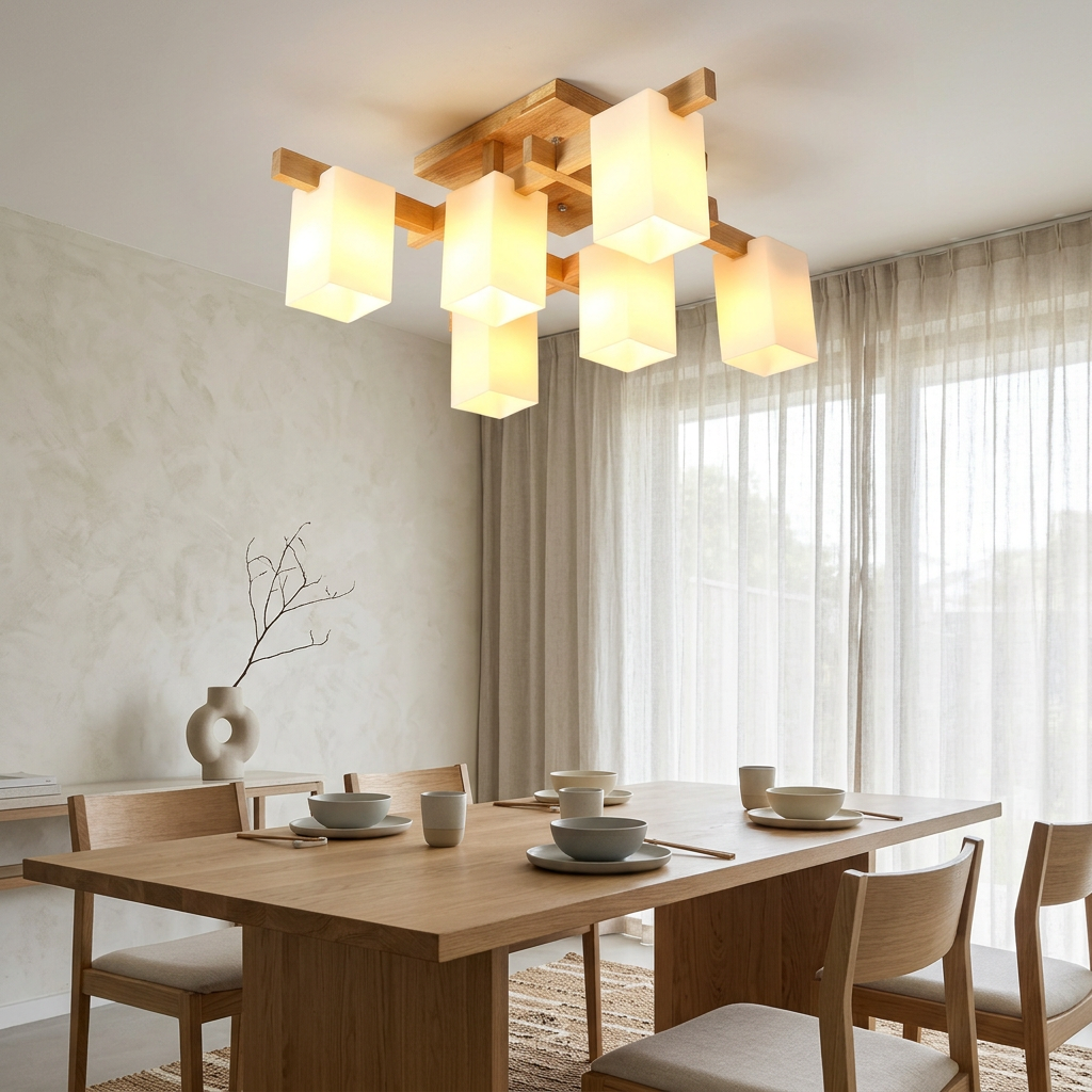 Nordic Geometric Wood Ceiling Lamp with square frosted glass shades in Japandi dining room