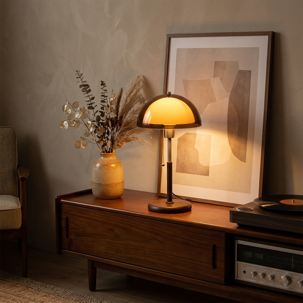 Mid-Century Modern Mushroom Table Lamp on mid-century living room credenza