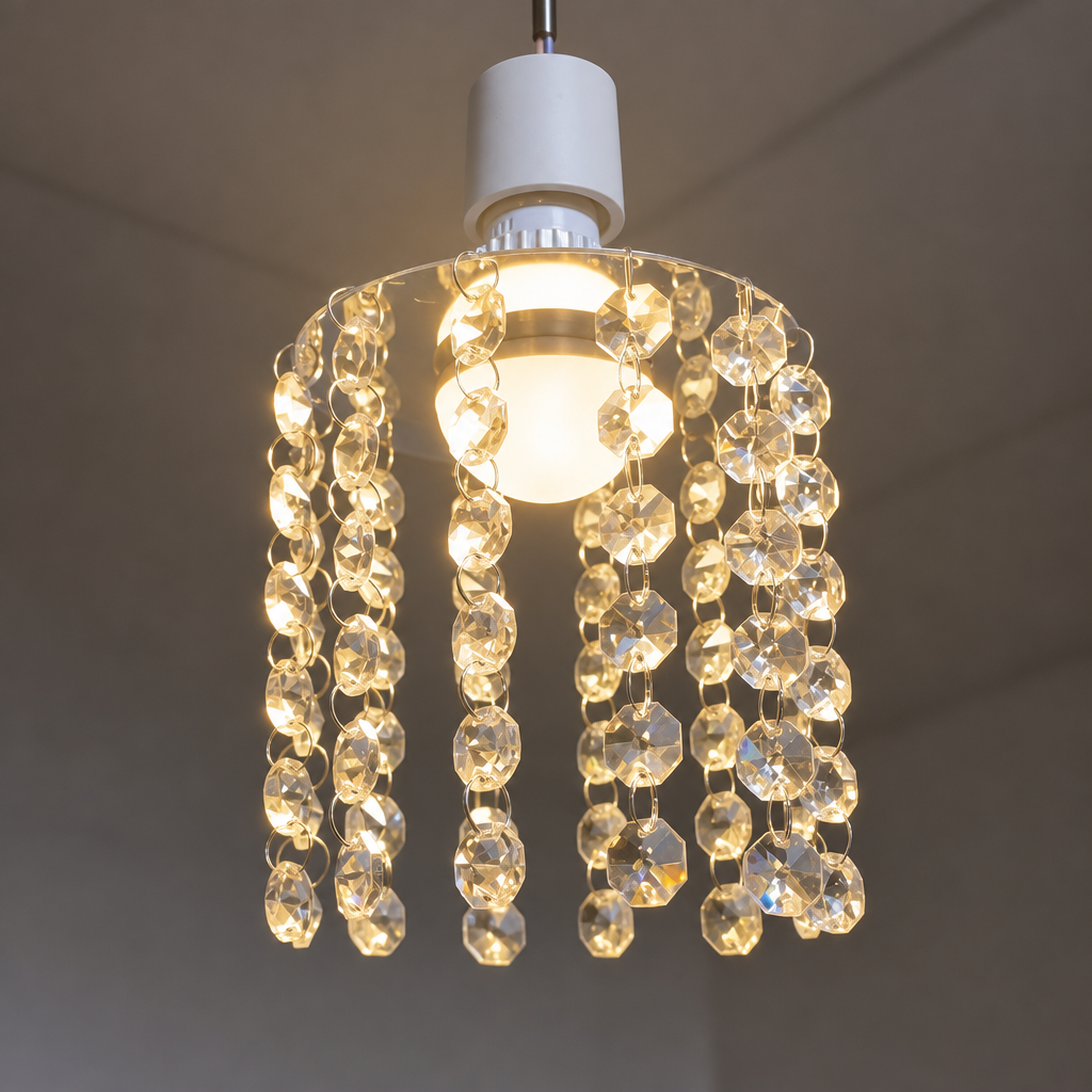 Close-up of illuminated crystal chandelier bulb and acrylic diffuser