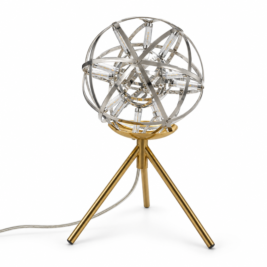 Raimond Ball Desk Lamp spherical LED light on tripod base, unlit against white background