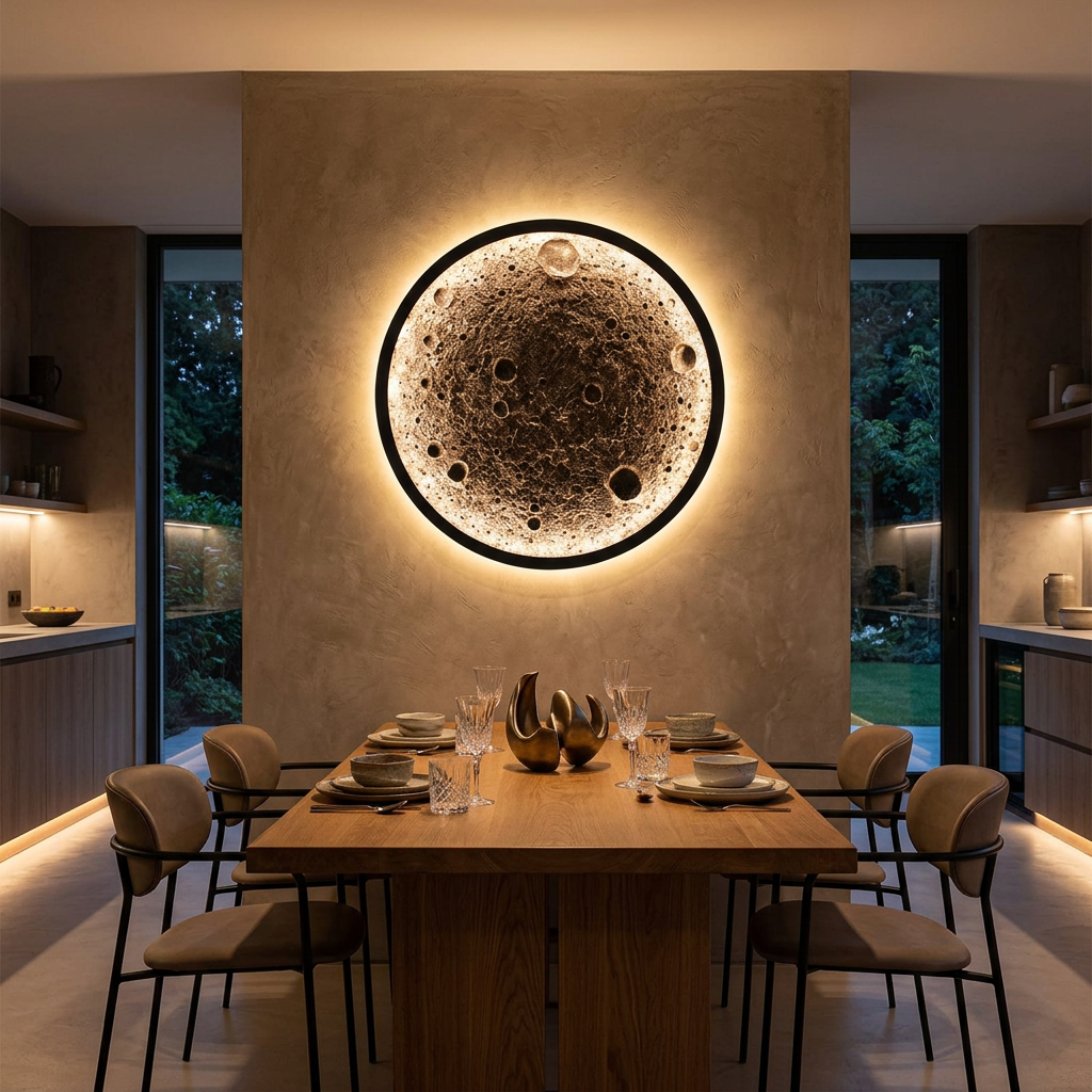 Embossed Moon LED Wall Sconce glowing on modern dining room feature accent wall