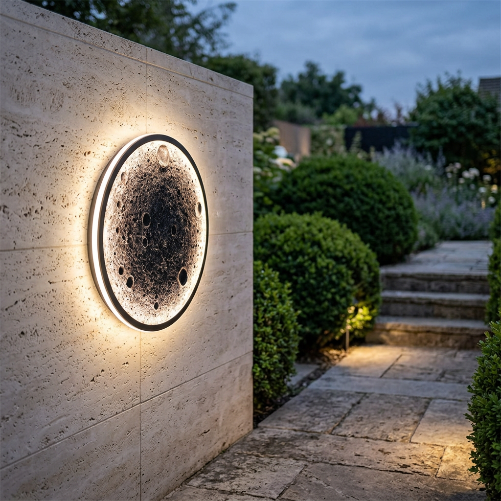 Embossed Moon Outdoor LED Wall Light on stone boundary wall along garden pathway