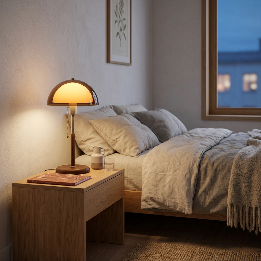 Mid-Century Modern Mushroom Table Lamp with Pull Chain illuminated on bedroom nightstand