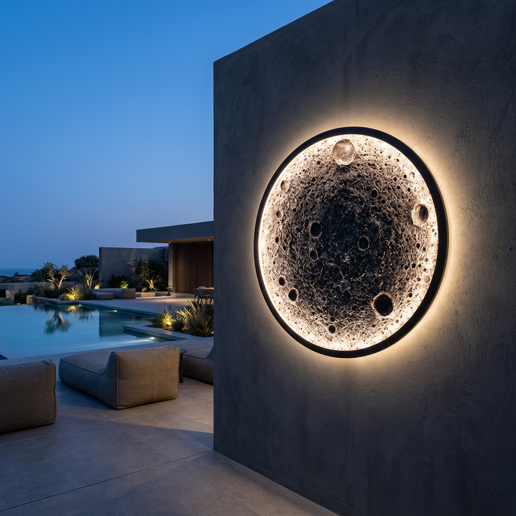 Embossed Moon Outdoor LED Wall Sconce IP65 illuminated on modern villa exterior patio wall