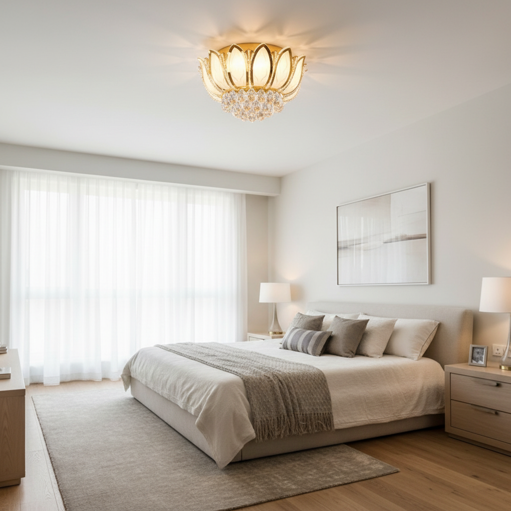 Lotus Crystal Flower LED Ceiling Light in Modern Luxury Master Bedroom