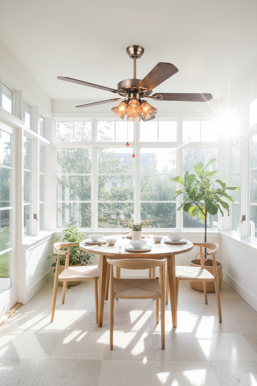 Luminous Sunroom Breakfast Nook with Ceiling Fan Light
