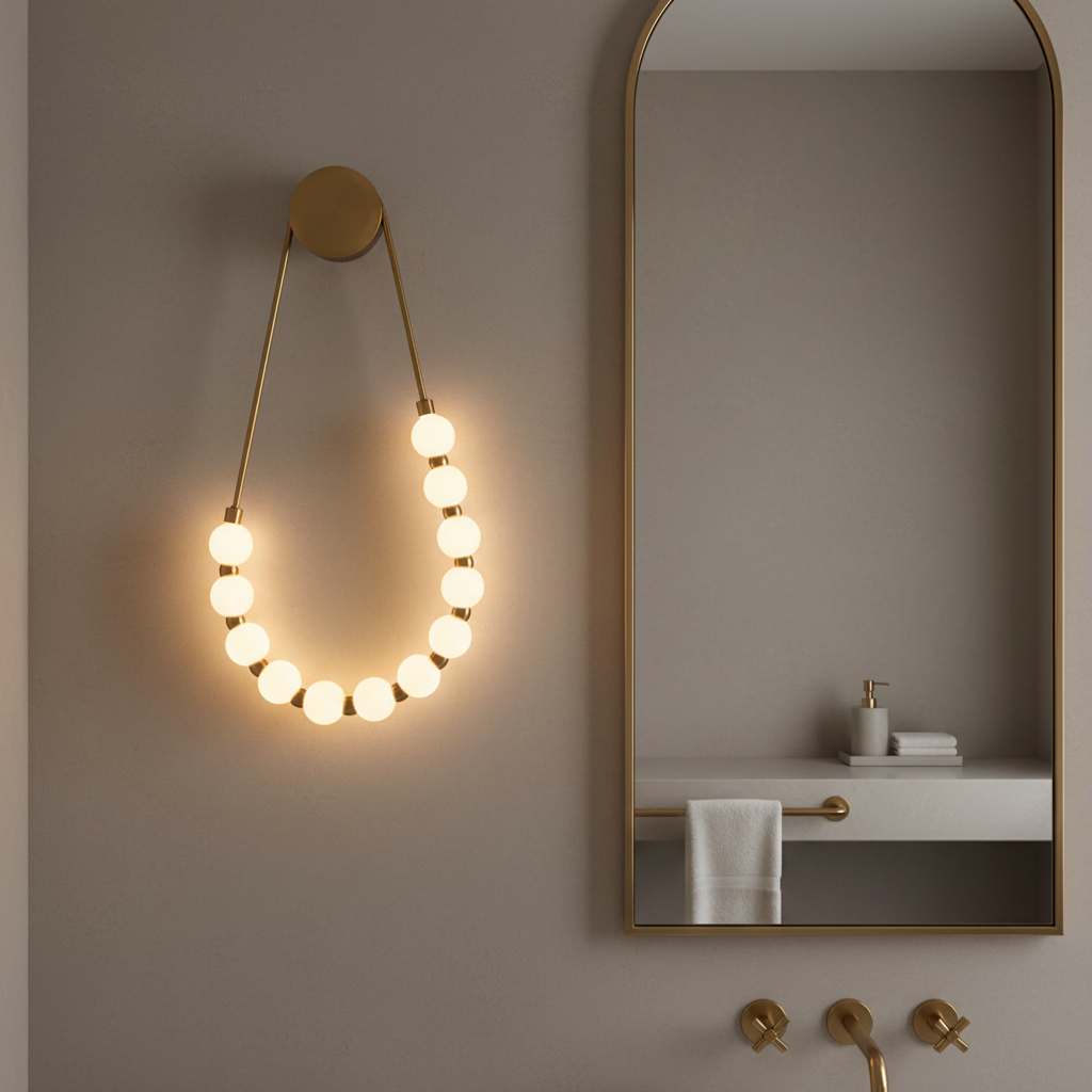 Artisan French beaded necklace sconce mounted next to an arched mirror in a luxury hallway corridor
