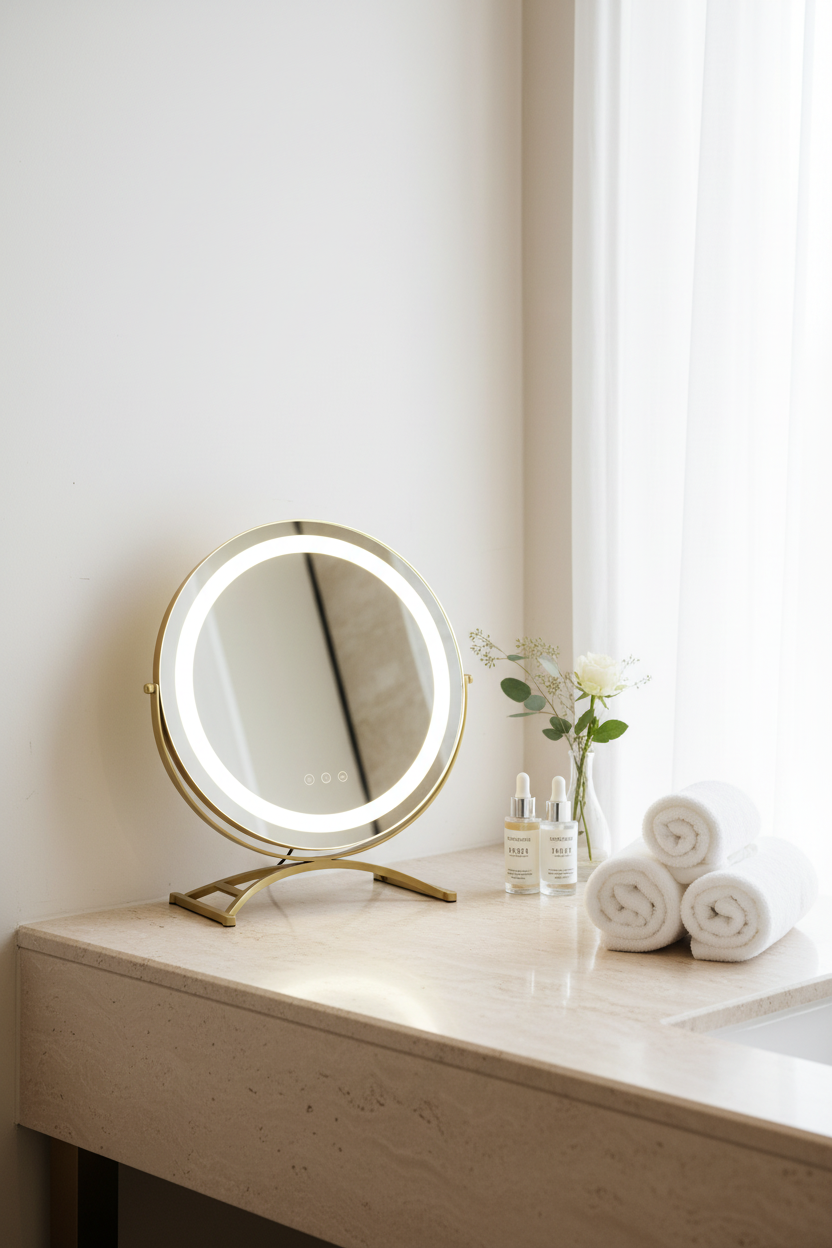 Luxury Gold Swivel Makeup Mirror in Bright Powder Room