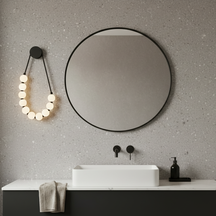 Artisan black finish beaded wall sconce mounted beside a modern mirror in an upscale powder room