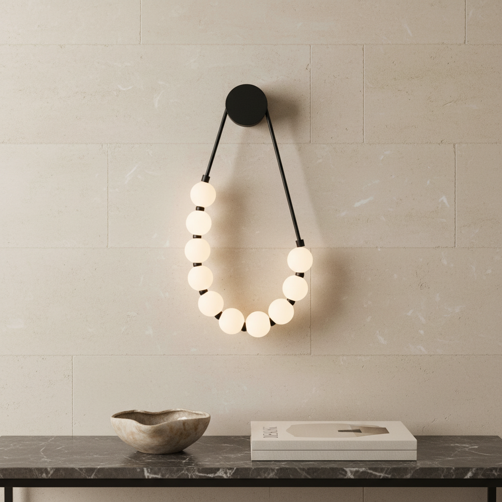 French beaded ball wall lamp with matte black metal finish illuminated on a neutral cream living room feature wall